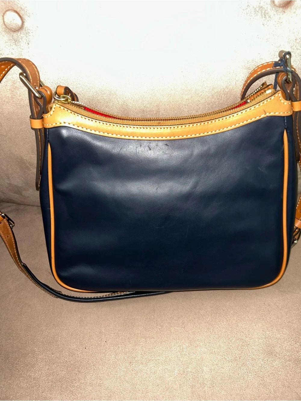 Dooney & Bourke Navy and Tan Leather Crossbody Piper with Front Zip